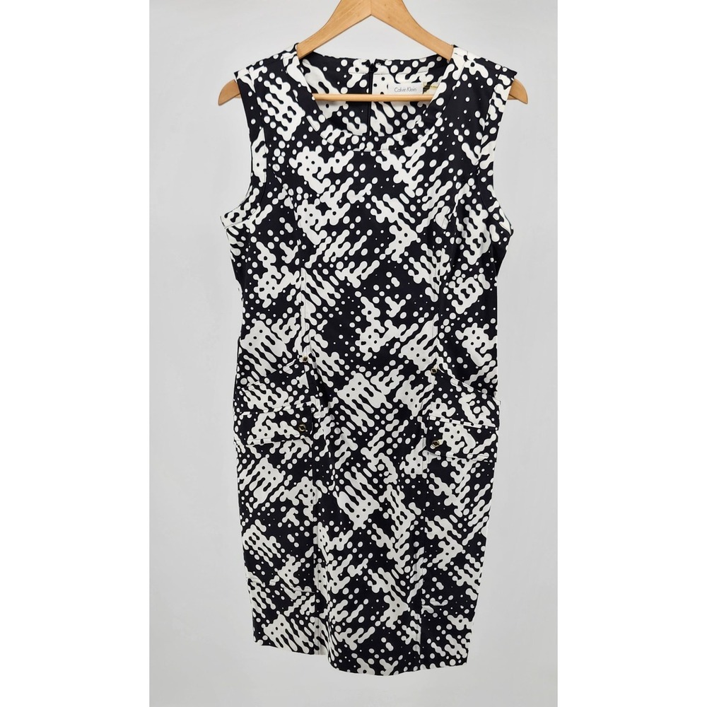 Calvin Klein Black White Abstract Dot Sheath Dress Gold Button Accents Size 12